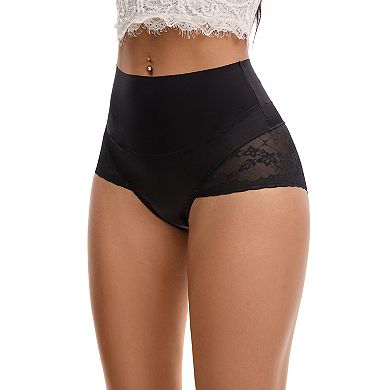 Women's Hi-Cut Satin Underpants Briefs High Waisted Lace Trimmed Tummy Control Underwear