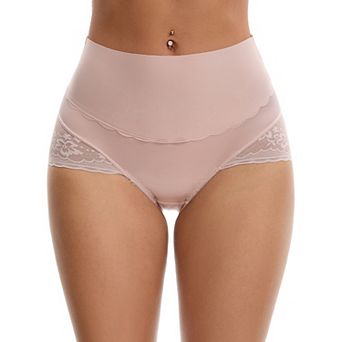 Women's Hi-Cut Satin Underpants Briefs High Waisted Lace Trimmed Tummy Control Underwear