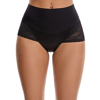 Women's Hi-Cut Satin Underpants Briefs High Waisted Lace Trimmed Tummy Control Underwear