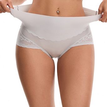 Women's Hi-Cut Satin Underpants Briefs High Waisted Lace Trimmed Tummy Control Underwear