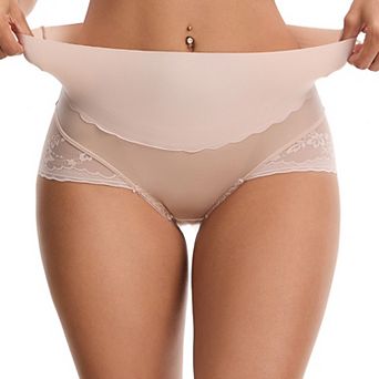 Women's Hi-Cut Satin Underpants Briefs High Waisted Lace Trimmed Tummy Control Underwear
