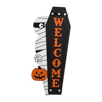 Glitzhome 38"H & 42"H Halloween Wood Porch Sign, Mummy and Welcome Coffin Porch Decorations Outdoor
