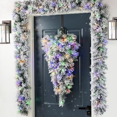 Glitzhome 3ft Christmas Teardrop Swag, Pre-Lit Christmas Swag Artificial Flocked Hanging Decoration