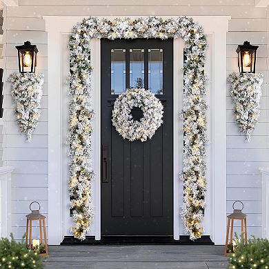 Glitzhome 3ft Christmas Teardrop Swag, Pre-Lit Christmas Swag Artificial Flocked Hanging Decoration