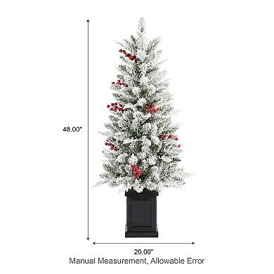 Glitzhome 4ft Pre-Lit Christmas Tree, Flocked Artificial Christmas Porch Tree with Red Berries