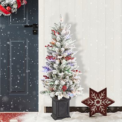 Glitzhome 4ft Pre-Lit Christmas Tree, Flocked Artificial Christmas Porch Tree with Red Berries