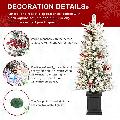 Glitzhome 4ft Pre-Lit Christmas Tree, Flocked Artificial Christmas Porch Tree with Red Berries