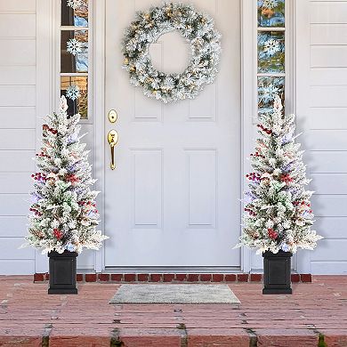 Glitzhome 4ft Pre-Lit Christmas Tree, Flocked Artificial Christmas Porch Tree with Red Berries