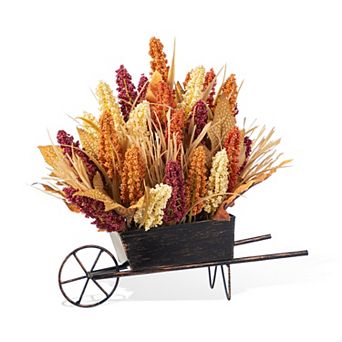 Glitzhome 15"H Fall Sorghum Cart Centerpiece, Multi-Colored Rustic And Charming Table Decor