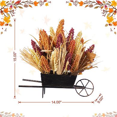 Glitzhome 15"H Fall Sorghum Cart Centerpiece, Multi-Colored Rustic And Charming Table Decor