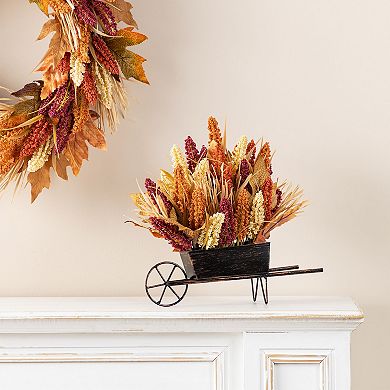 Glitzhome 15"H Fall Sorghum Cart Centerpiece, Multi-Colored Rustic And Charming Table Decor