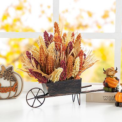 Glitzhome 15"H Fall Sorghum Cart Centerpiece, Multi-Colored Rustic And Charming Table Decor
