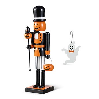 Glitzhome 18.50"H Pumpkin Nutcracker With Ghost Ornament, Wood Halloween Table Decor