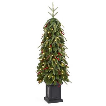 Glitzhome 4ft Pre-Lit Artificial Christmas Porch Tree, Green Xmas Tree with Red Berries, Pinecones