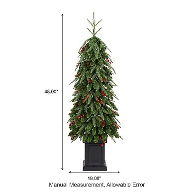 Glitzhome 4ft Pre-Lit Artificial Christmas Porch Tree, Green Xmas Tree with Red Berries, Pinecones