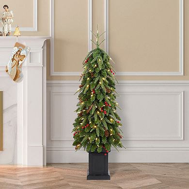 Glitzhome 4ft Pre-Lit Artificial Christmas Porch Tree, Green Xmas Tree with Red Berries, Pinecones