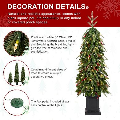 Glitzhome 4ft Pre-Lit Artificial Christmas Porch Tree, Green Xmas Tree with Red Berries, Pinecones