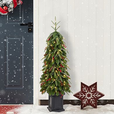 Glitzhome 4ft Pre-Lit Artificial Christmas Porch Tree, Green Xmas Tree with Red Berries, Pinecones