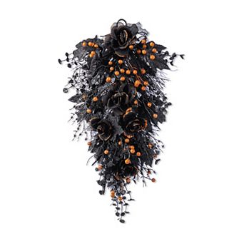 Glitzhome 28"H Rose and Berry Flora Swag, Black Halloween Teardrop Wreath