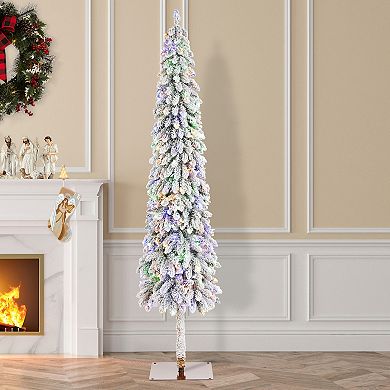 Glitzhome 7.5ft Pre-Lit Flocked Artificial Christmas Tree, Pencil Christmas Tree for Indoor Outdoor