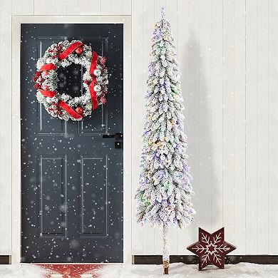Glitzhome 7.5ft Pre-Lit Flocked Artificial Christmas Tree, Pencil Christmas Tree for Indoor Outdoor
