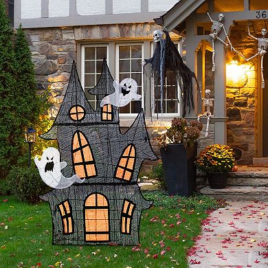 Glitzhome 61.75"H Lighted 2D Haunted House Decor, Halloween Decoration Outdoor