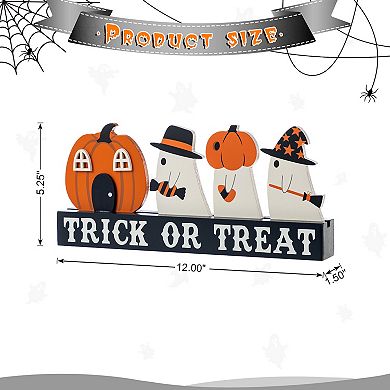 Glitzhome 12"L TRICK OR TREAT Pumpkin & Ghosts Table Decor, Halloween Wooden Table Centerpiece