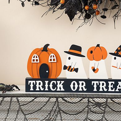 Glitzhome 12"L TRICK OR TREAT Pumpkin & Ghosts Table Decor, Halloween Wooden Table Centerpiece
