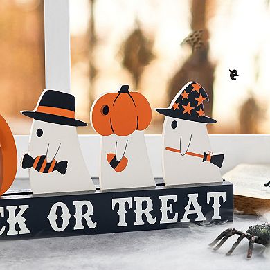 Glitzhome 12"L TRICK OR TREAT Pumpkin & Ghosts Table Decor, Halloween Wooden Table Centerpiece