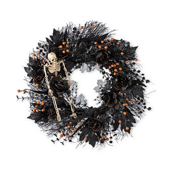 Glitzhome 24"D Rose, Skeleton and Berry Wreath, Black Halloween Decor