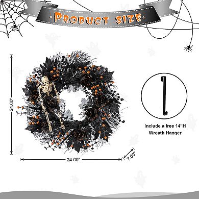 Glitzhome 24"D Rose, Skeleton and Berry Wreath, Black Halloween Decor