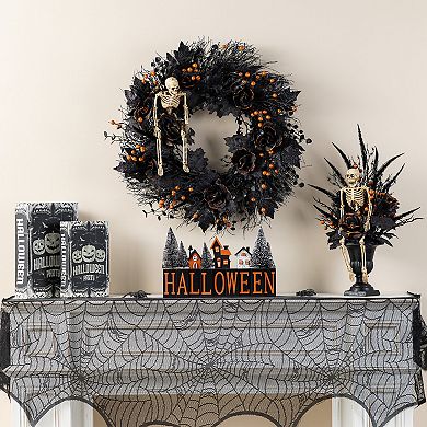 Glitzhome 24"D Rose, Skeleton and Berry Wreath, Black Halloween Decor