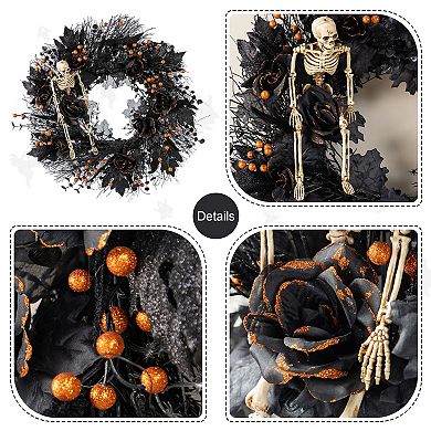 Glitzhome 24"D Rose, Skeleton and Berry Wreath, Black Halloween Decor