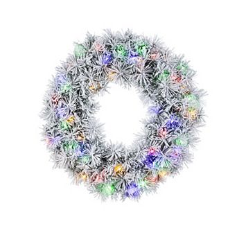 Glitzhome 24"D Pre-Lit Christmas Wreath, Snow Flocked Greenery Pine Artificial Wreath
