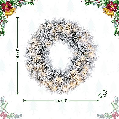 Glitzhome 24"D Pre-Lit Christmas Wreath, Snow Flocked Greenery Pine Artificial Wreath