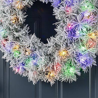 Glitzhome 24"D Pre-Lit Christmas Wreath, Snow Flocked Greenery Pine Artificial Wreath