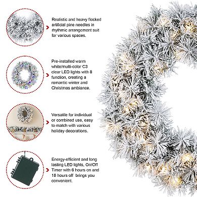 Glitzhome 24"D Pre-Lit Christmas Wreath, Snow Flocked Greenery Pine Artificial Wreath