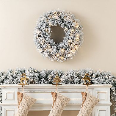 Glitzhome 24"D Pre-Lit Christmas Wreath, Snow Flocked Greenery Pine Artificial Wreath