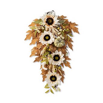 Glitzhome 28"H Neutral Sunflower, Pumpkin and Leaf Swag, Elegant Teardrop Wreath for Fall Harvest