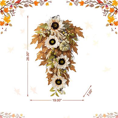 Glitzhome 28"H Neutral Sunflower, Pumpkin and Leaf Swag, Elegant Teardrop Wreath for Fall Harvest
