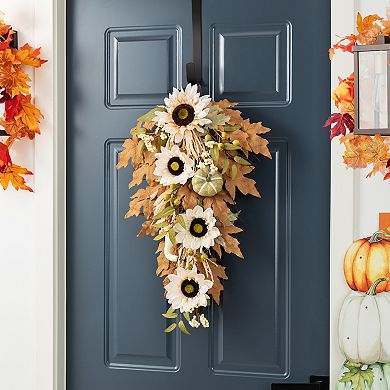 Glitzhome 28"H Neutral Sunflower, Pumpkin and Leaf Swag, Elegant Teardrop Wreath for Fall Harvest