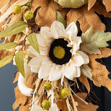Glitzhome 28"H Neutral Sunflower, Pumpkin and Leaf Swag, Elegant Teardrop Wreath for Fall Harvest