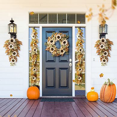 Glitzhome 28"H Neutral Sunflower, Pumpkin and Leaf Swag, Elegant Teardrop Wreath for Fall Harvest