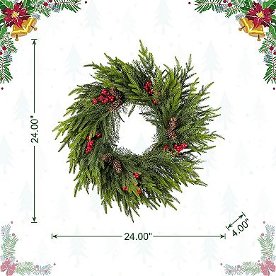 Glitzhome 24 Inch Christmas Wreaths for Front Door, Artificial Greenery Wreath for Indoor Outdoor