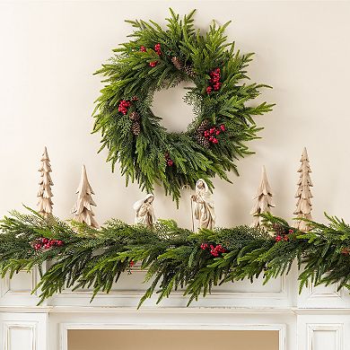 Glitzhome 24 Inch Christmas Wreaths for Front Door, Artificial Greenery Wreath for Indoor Outdoor