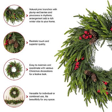 Glitzhome 24 Inch Christmas Wreaths for Front Door, Artificial Greenery Wreath for Indoor Outdoor