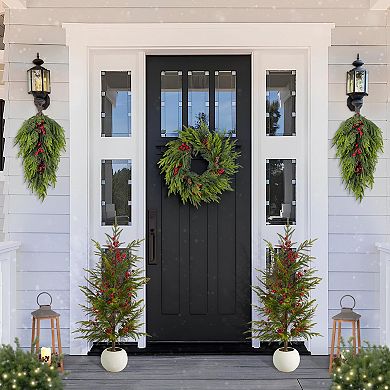 Glitzhome 24 Inch Christmas Wreaths for Front Door, Artificial Greenery Wreath for Indoor Outdoor