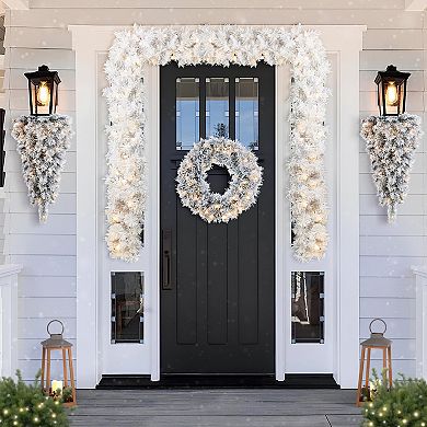 Glitzhome Set of 2 Christmas Garlands, 6ft Pre-Lit Snow Flocked Pine Garlands