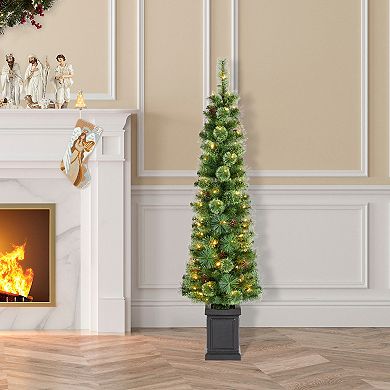 Glitzhome 5ft Prelit Artificial Christmas Tree, Green Cashmere Pine Christmas Porch Tree