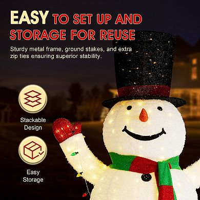 Glitzhome 94.5"H Lighted Christmas Porch Decor, 3D Foldable Fabric Snowman Outdoor Decor
